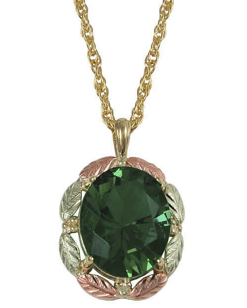 Faceted Emerald Pendant Necklace, 10k Yellow Gold, 12k Green and Rose Gold Black Hills Gold Motif