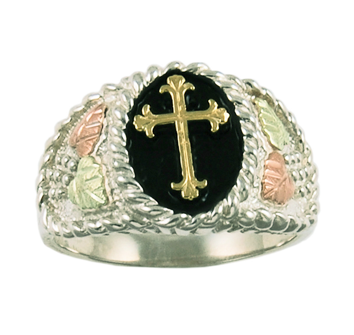 Fleur de Lis Budded Cross Ring with Rope Trim Black Hills Gold on Sterling Silver