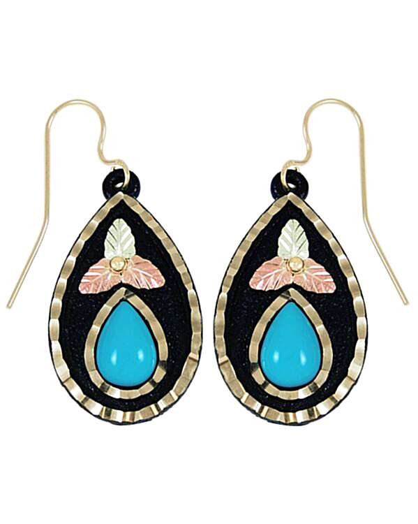 Turquoise Teardrop Black Powder Coated Earrings, 10k Yellow Gold, 12k Green and Rose Gold Black Hills Gold Motif