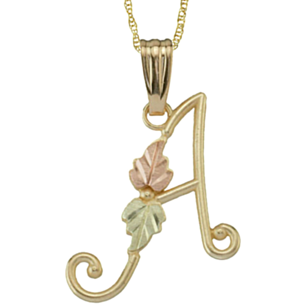 Initial 'A' Pendant Necklace, 10k Yellow Gold, 12k Green and Rose Gold Black Hills Gold Motif