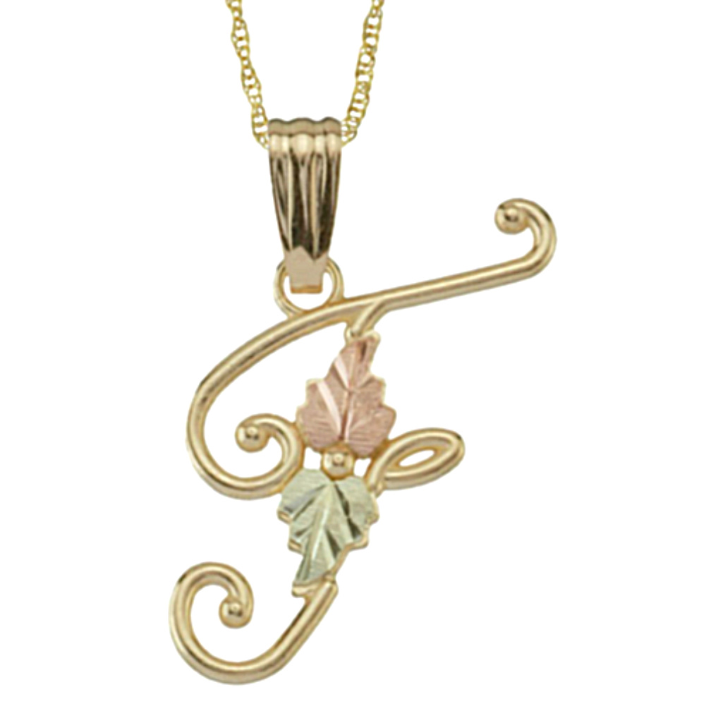 Initial 'F' Pendant Necklace, 10k Yellow Gold, 12k Green and Rose Gold Black Hills Gold Motif