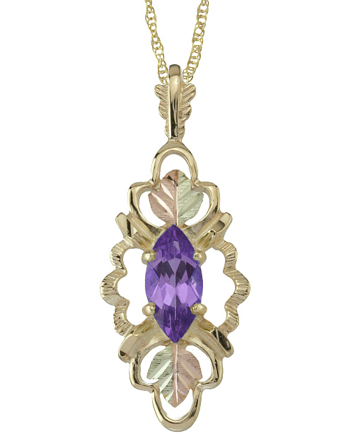Marquise Amethyst Pendant Necklace, 10k Yellow Gold, 12k Green and Rose Gold Black Hills Gold Motif