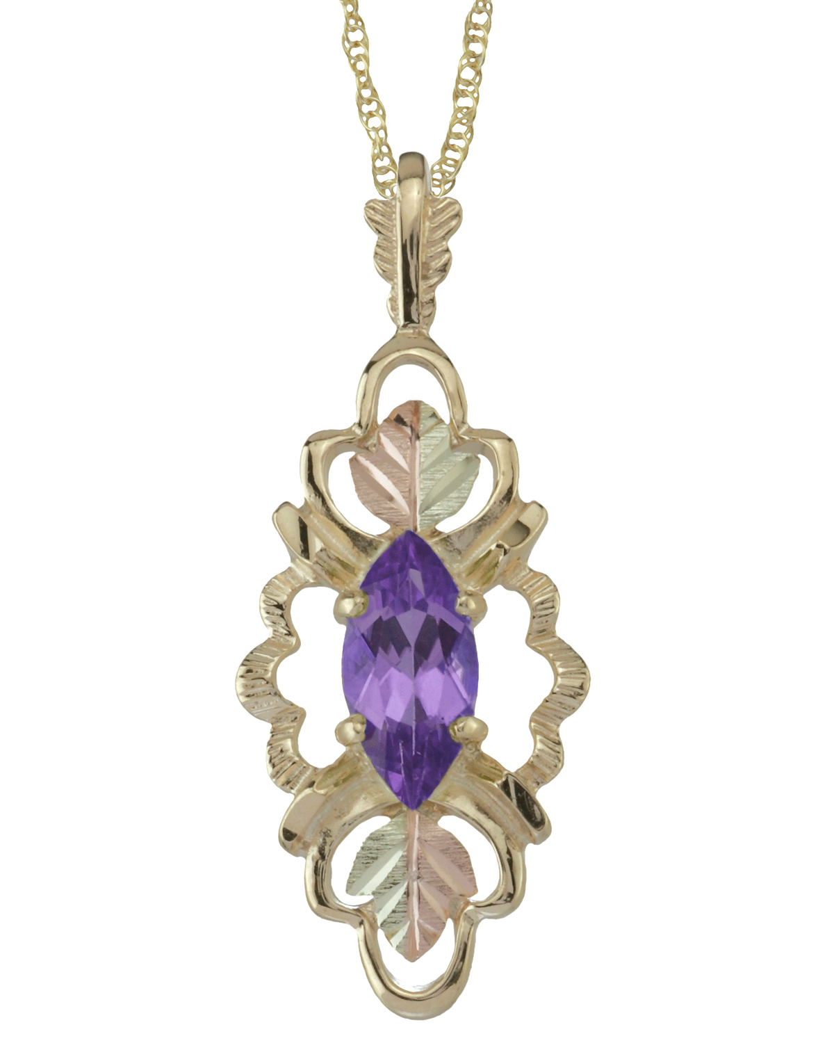 Marquise Amethyst Pendant Necklace, 10k Yellow Gold, 12k Green and Rose Gold Black Hills Gold Motif