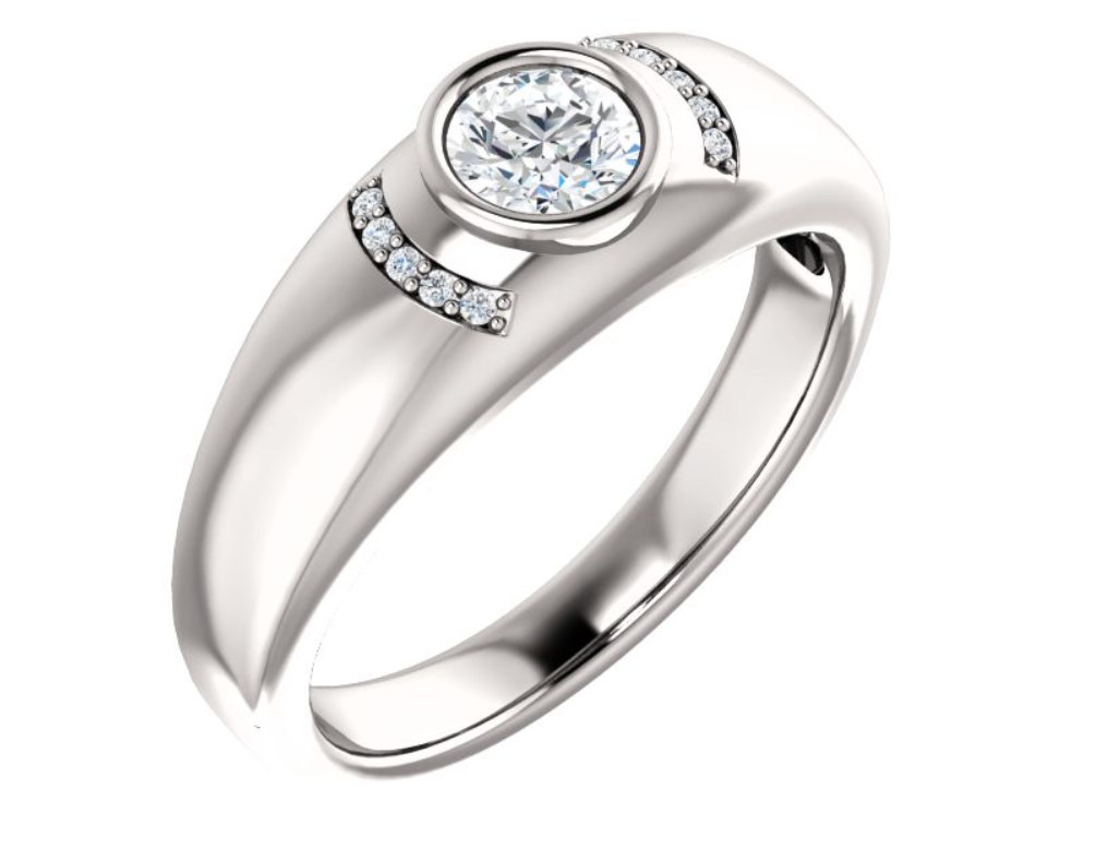 Men's Bezel Set Diamond Ring in Hypoallergenic Rhodium Plated 14k White Gold. 