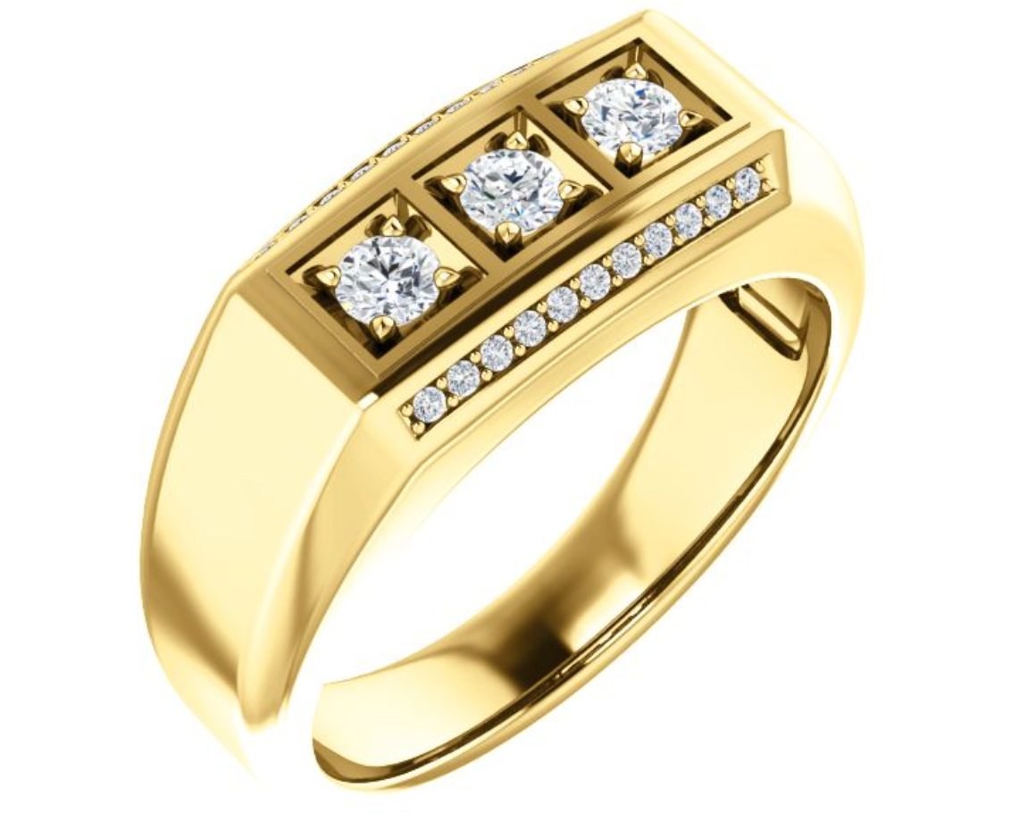 Men's 3-Stone Bright Set Diamond 14k Yellow Gold Band. 