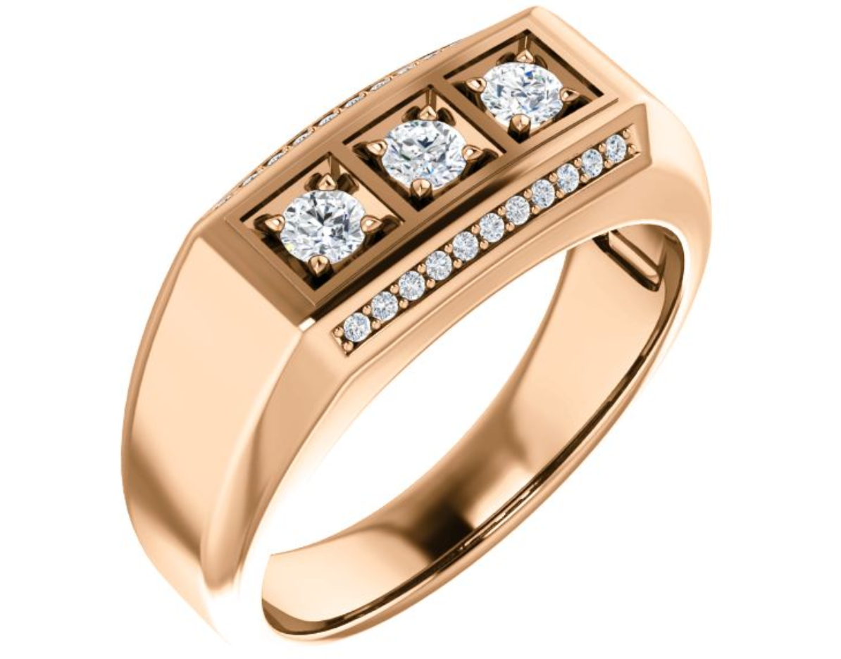 Men's 3-Stone Bright Set Diamond 14k Rose Gold Band. 