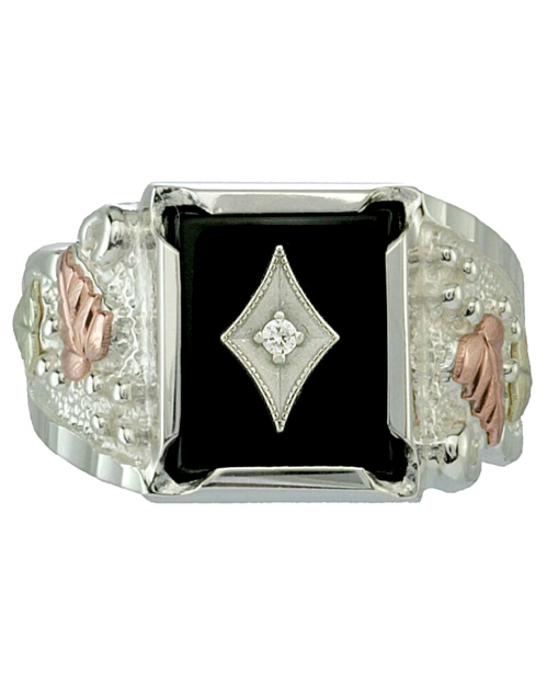 Onyx Square Ring, Sterling Silver, 12k Green and Rose Gold Black Hills Gold Motif