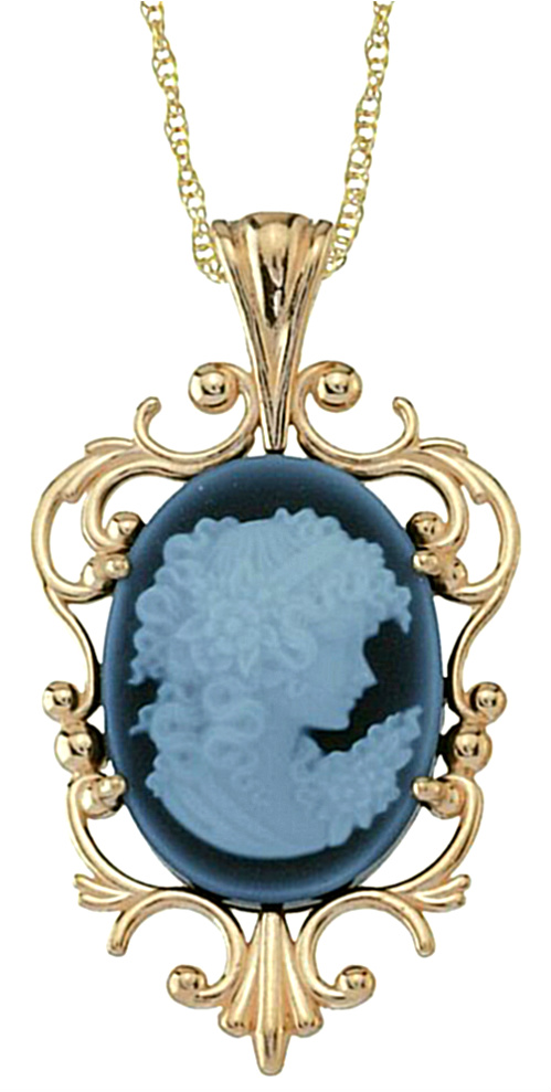 Oval Agate Cameo Victorian Style Pendant Necklace, 10k Yellow Gold, 12k Green and Rose Gold Black Hills Gold Motif