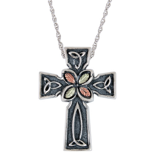 Black Lotus Cross in Black Hills Gold Motif, Sterling Silver, 12k Rose Gold, 12k Green Gold