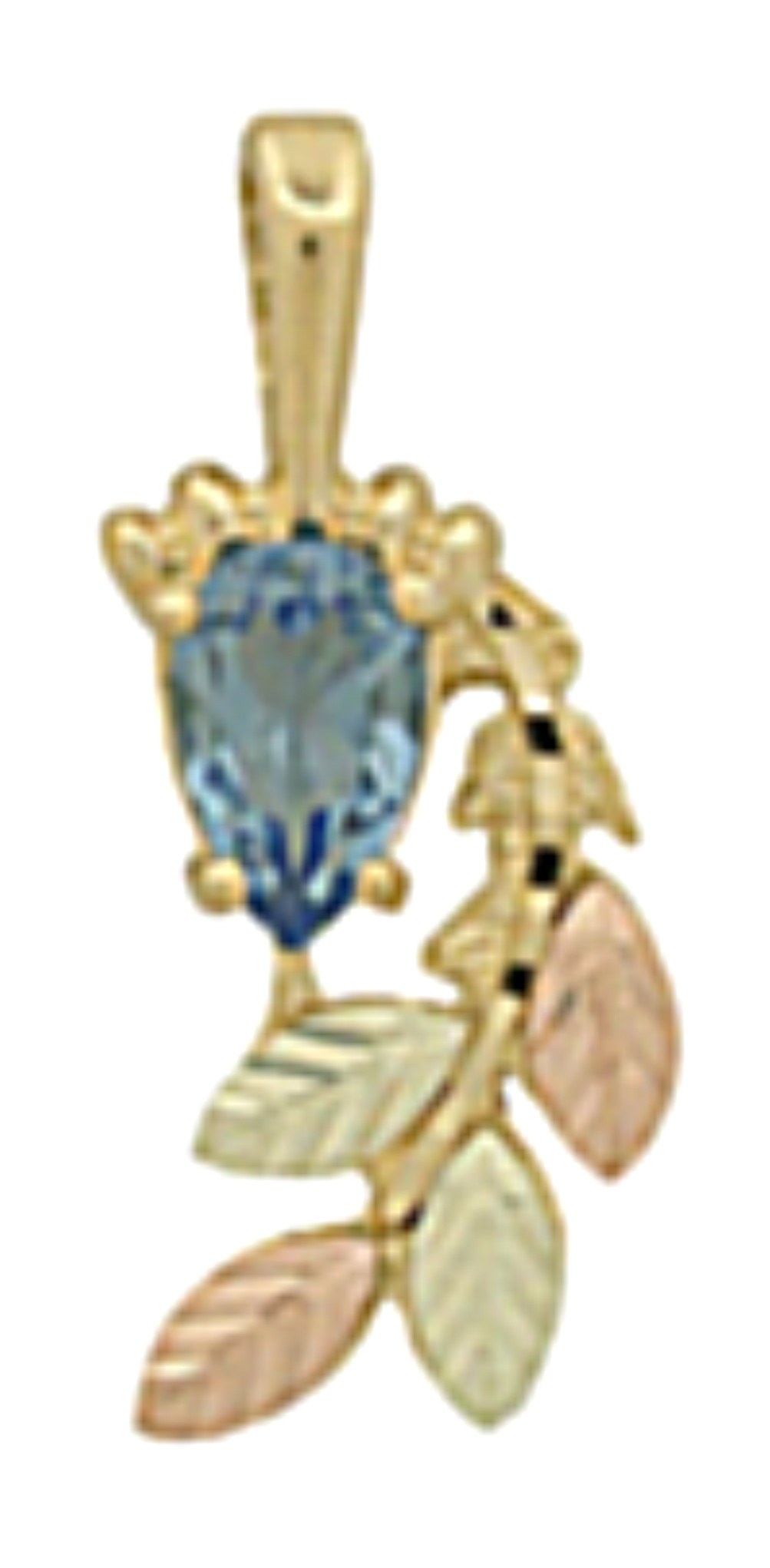 Pear Blue Topaz Pendant Necklace in 10k Yellow Gold, 12k Green and Rose Gold Black Hills Gold Motif