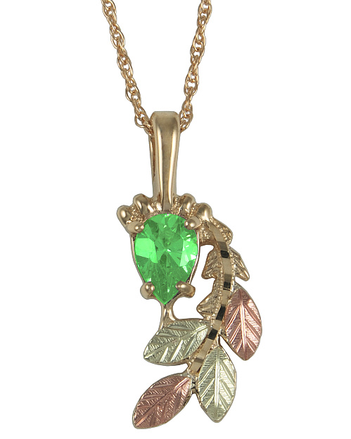 Pear Peridot Pendant Necklace, 10k Yellow Gold, 12k Green and Rose Gold Black Hills Gold Motif
