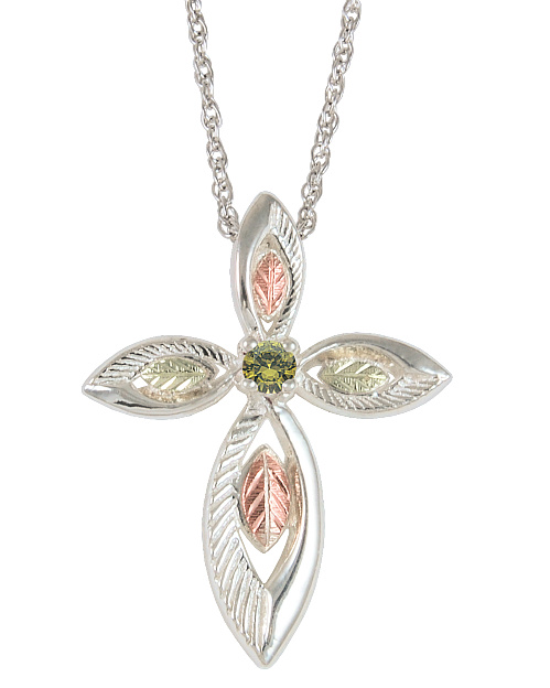 Peridot Passion Cross Pendant Necklace, Sterling Silver, 12k Green and Rose Gold Black Hills Gold Motif