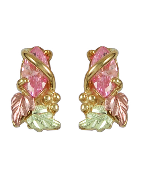 Pink CZ Marquise Earrings, 10k Yellow Gold, 12k Rose and Green Gold Black Hills Gold Motif
