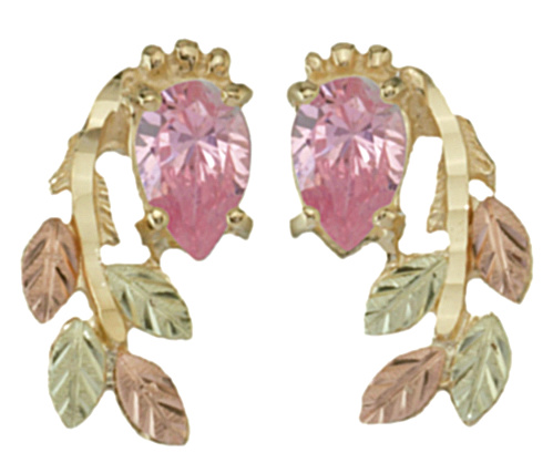 Pink CZ Pinnate Leaf Pear Earrings, 10k Yellow Gold, 12k Green and Rose Gold Black Hills Gold Motif