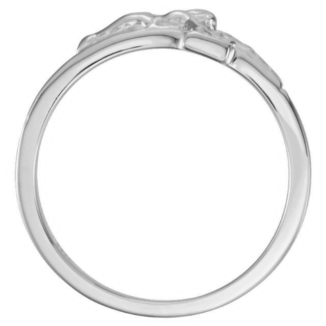 Crucifix ring offered in 14k white gold, 18k white gold and sterling silver; finger view of ring.