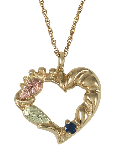 Sapphire Heart Pendant Necklace, 10k Yellow Gold, 12k Green and Rose Gold Black Hills Gold Motif