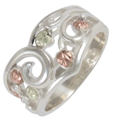 Floral Design Band, Sterling Silver, 12k Green and Rose Gold Black Hills Gold Motif