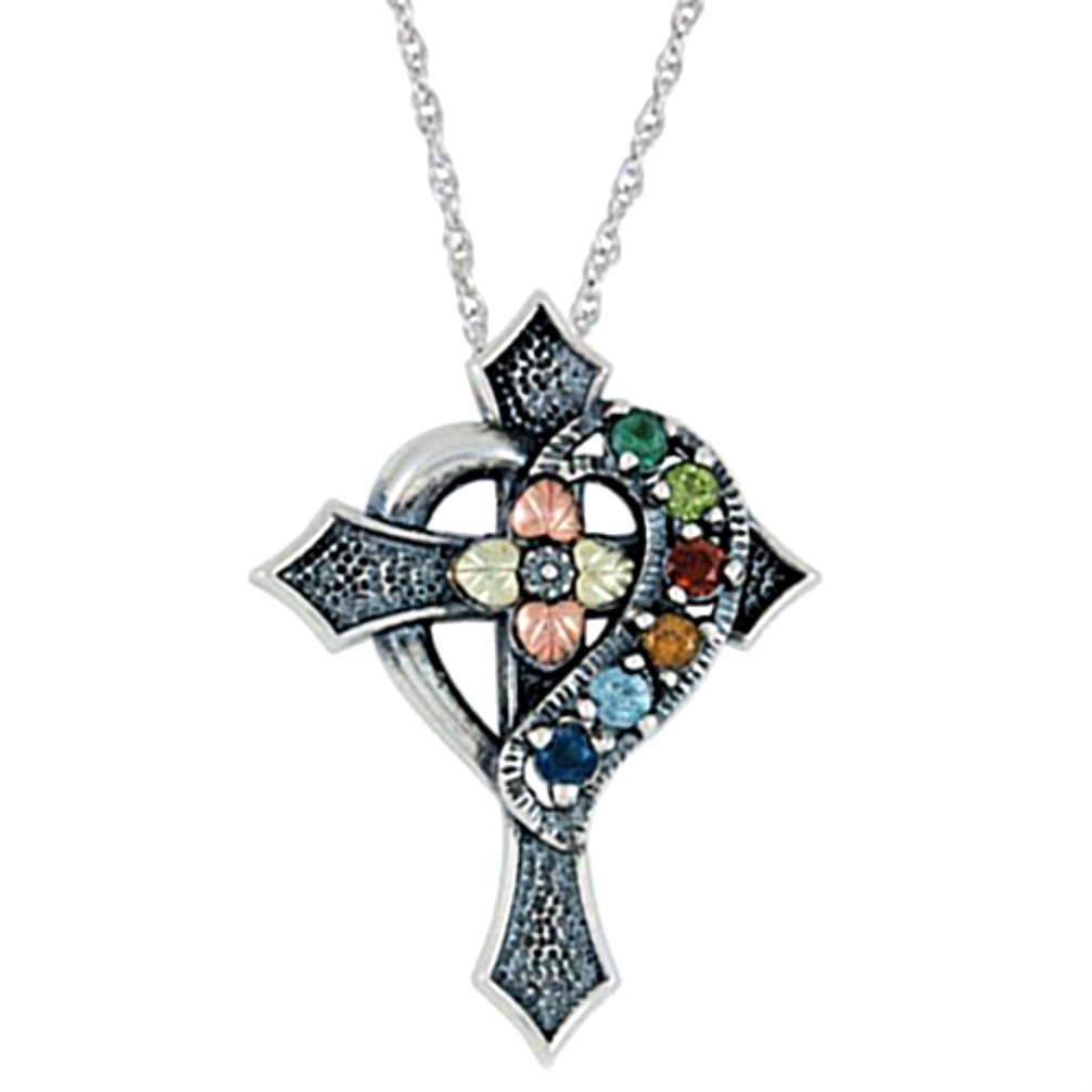 Oxidized Emerald, Peridot, Garnet, Citrine, Blue Topaz, Sapphire Cross Pendant Necklace, Sterling Silver, 12k Green and Rose Gold Black Hills Gold Motif