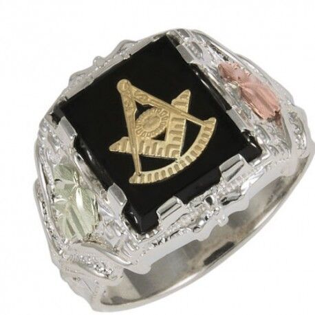 Men's Onyx Square Masonic Ring, Sterling Silver, 12k Green and Rose Gold Black Hills Gold Motif 