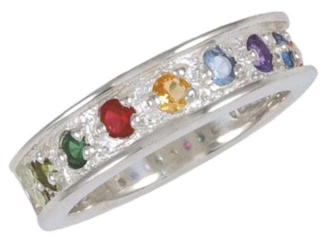 7-stone Peridot, Emerald, Garnet, Citrine, Aquamarine, Amethyst, Blue Topaz rhodium-plate sterling silver Black Hills gold ring.