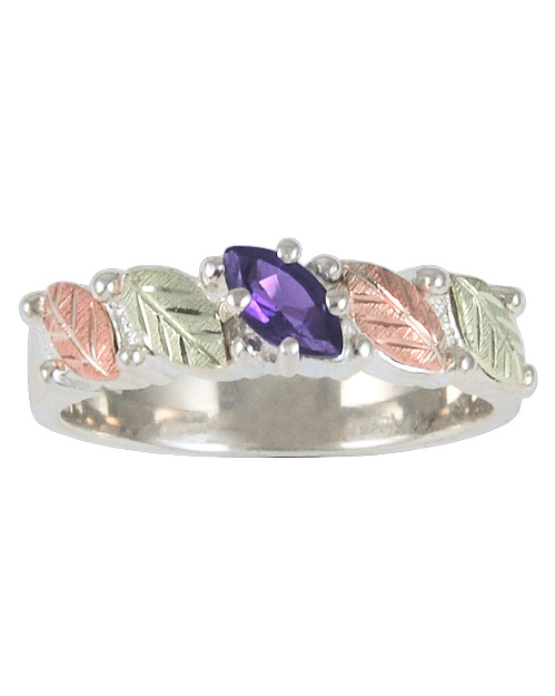 Amethyst Marquise Ring, Sterling Silver, 12k Green and Rose Gold Black Hills Gold Motif