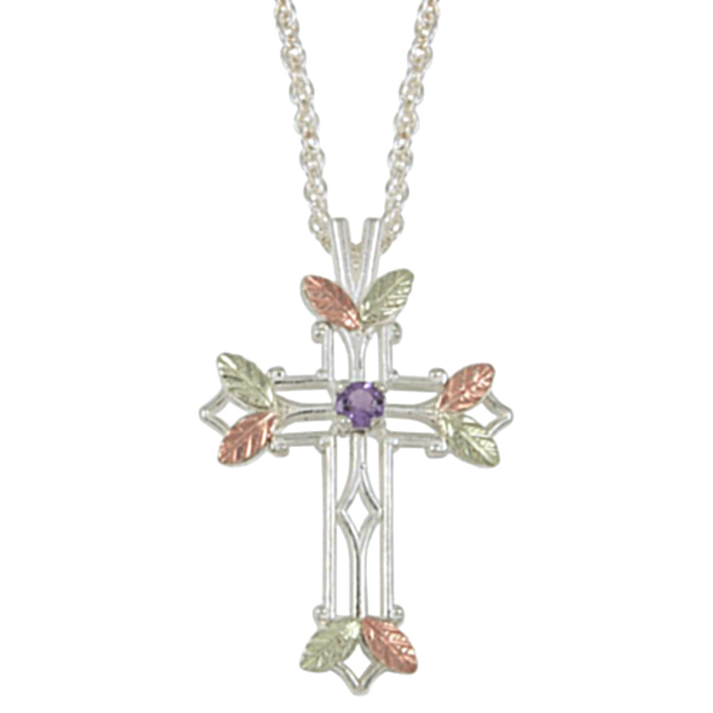 Amethyst Pointed Cross Pendant Necklace, Sterling Silver, 12k Green and Rose Gold Black Hills Gold Motif