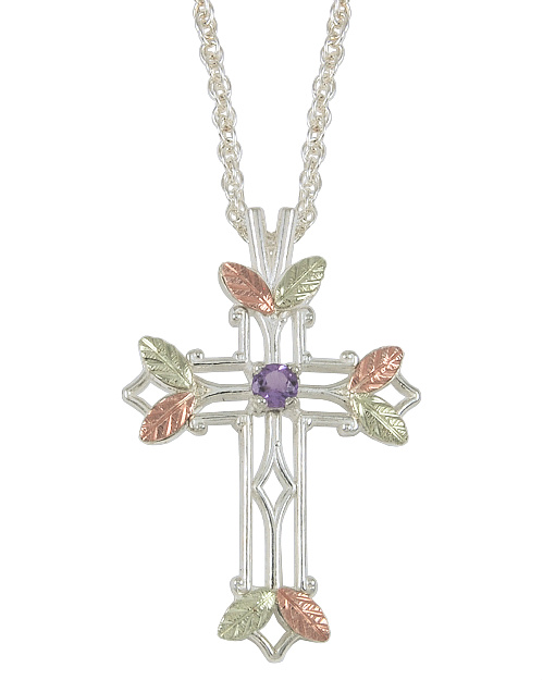 Amethyst Pointed Cross Pendant Necklace, Sterling Silver, 12k Green and Rose Gold Black Hills Gold Motif