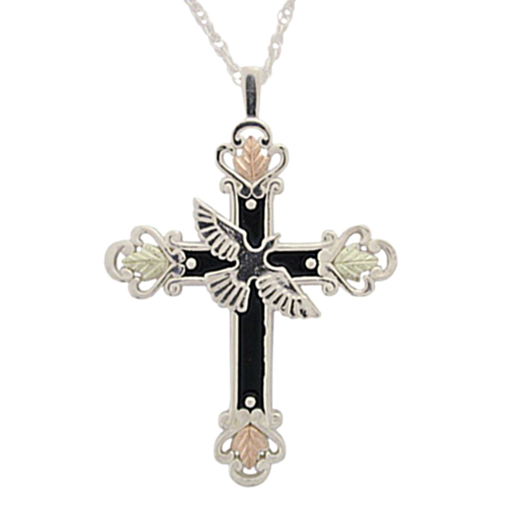 Antiqued Dove Cross Pendant Necklace, Sterling Silver, 12k Green and Rose Gold Black Hills Gold Motif