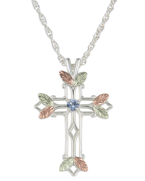 Aquamarine Pointed Cross Pendant Necklace, Sterling Silver, 12k Green and Rose Gold Black Hills Gold Motif