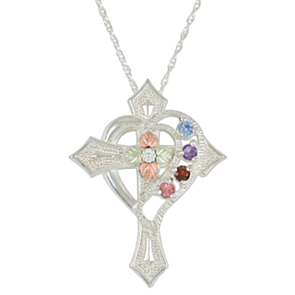 Blue Topaz, Amethyst, Garnet, Pink Tourmaline Cross Pendant, Sterling Silver, 12k Green and Rose Gold Black Hills Gold Motif