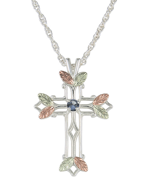 Blue Topaz Pointed Cross Pendant Necklace, Sterling Silver, 12k Green and Rose Gold Black Hills Gold Motif