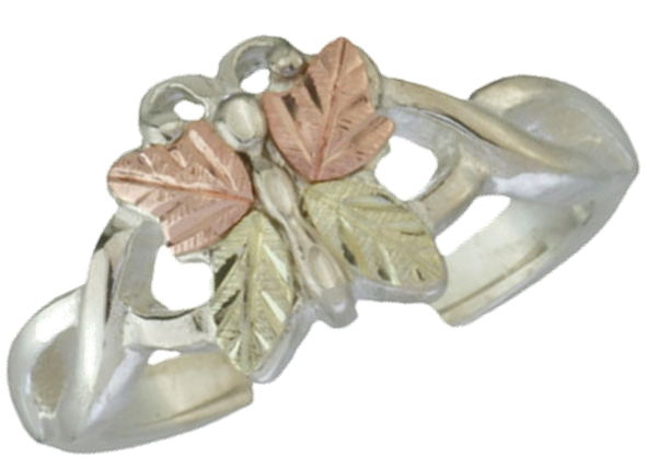 Black Hills Gold rhodium-plated sterling silver butterfly toe ring with 12k rose gold and 12 green gold wings.