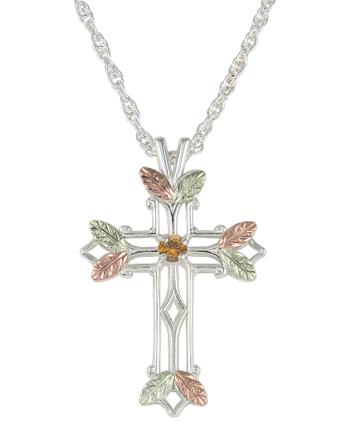 Citrine Pointed Cross Pendant Necklace, Sterling Silver, 12k Green and Rose Gold Black Hills Gold Motif