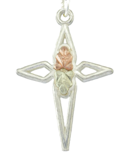 Cross Pendant Necklace, Sterling Silver, 12k Green and Rose Gold Black Hills Gold Motif