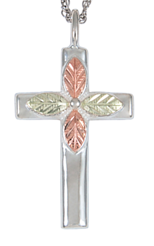 Cross Pendant Necklace, Sterling Silver, 12k Green and Rose Gold Black Hills Gold Motif