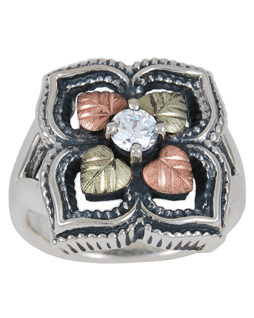 Cubic Zirconia Quatrefoil Ring, Sterling Silver, 12k Green and Rose Gold Black Hills Gold Motif