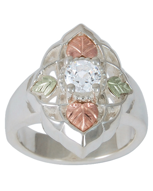 Cubic Zirconia Ring, Sterling Silver, 12k Green and Rose Gold Black Hills Gold Motif