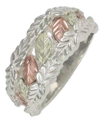 Floral Design Band, Sterling Silver, 12k Green and Rose Gold Black Hills Gold Motif