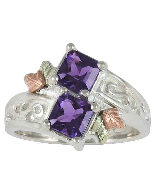 Double Amethyst Bypass Ring, Sterling Silver, 12k Green and Rose Gold Black Hills Gold Motif