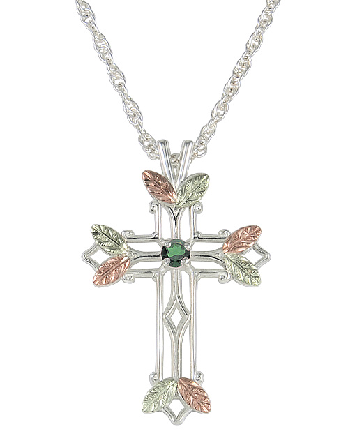 Emerald Pointed Cross Pendant Necklace, Sterling Silver, 12k Green and Rose Gold Black Hills Gold Motif