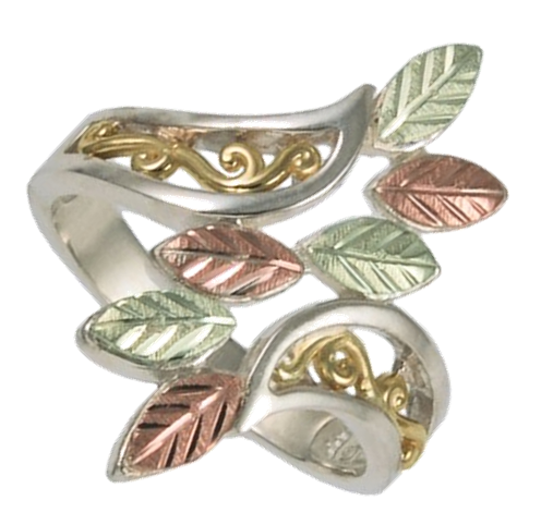 Fancy Bypass Ring, Sterling Silver, 12k Green and Rose Gold Black Hills Gold Motif