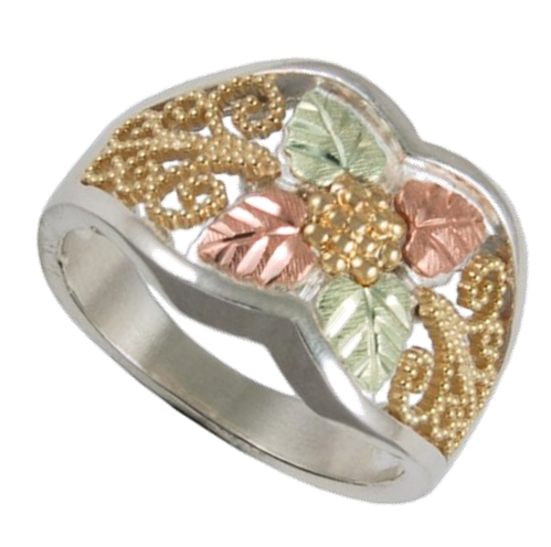 Floral Etruscan Style Band, Sterling Silver, 12k Green and Rose Gold Black Hills Gold Motif