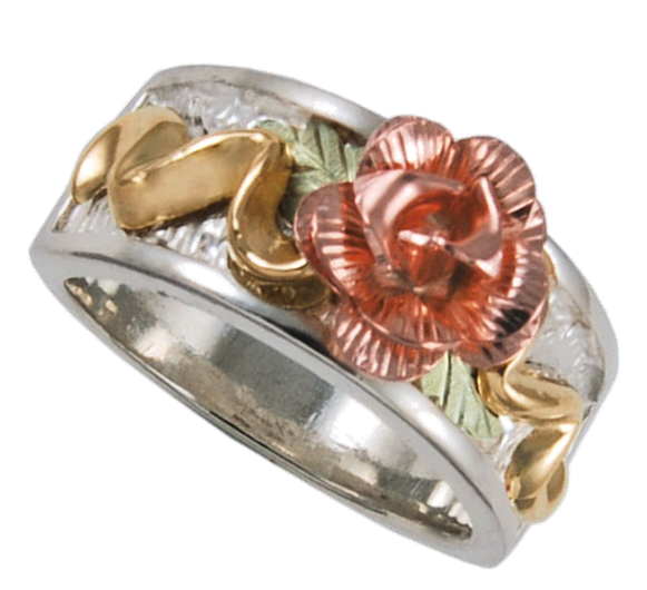 Flower Ring, Sterling Silver, 12k Green and Rose Gold Black Hills Gold Motif