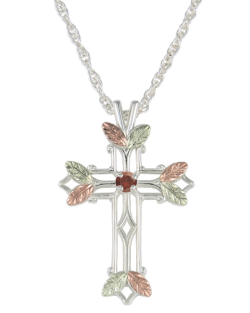 Garnet Pointed Cross Pendant Necklace, Sterling Silver, 12k Green and Rose Gold Black Hills Gold Motif