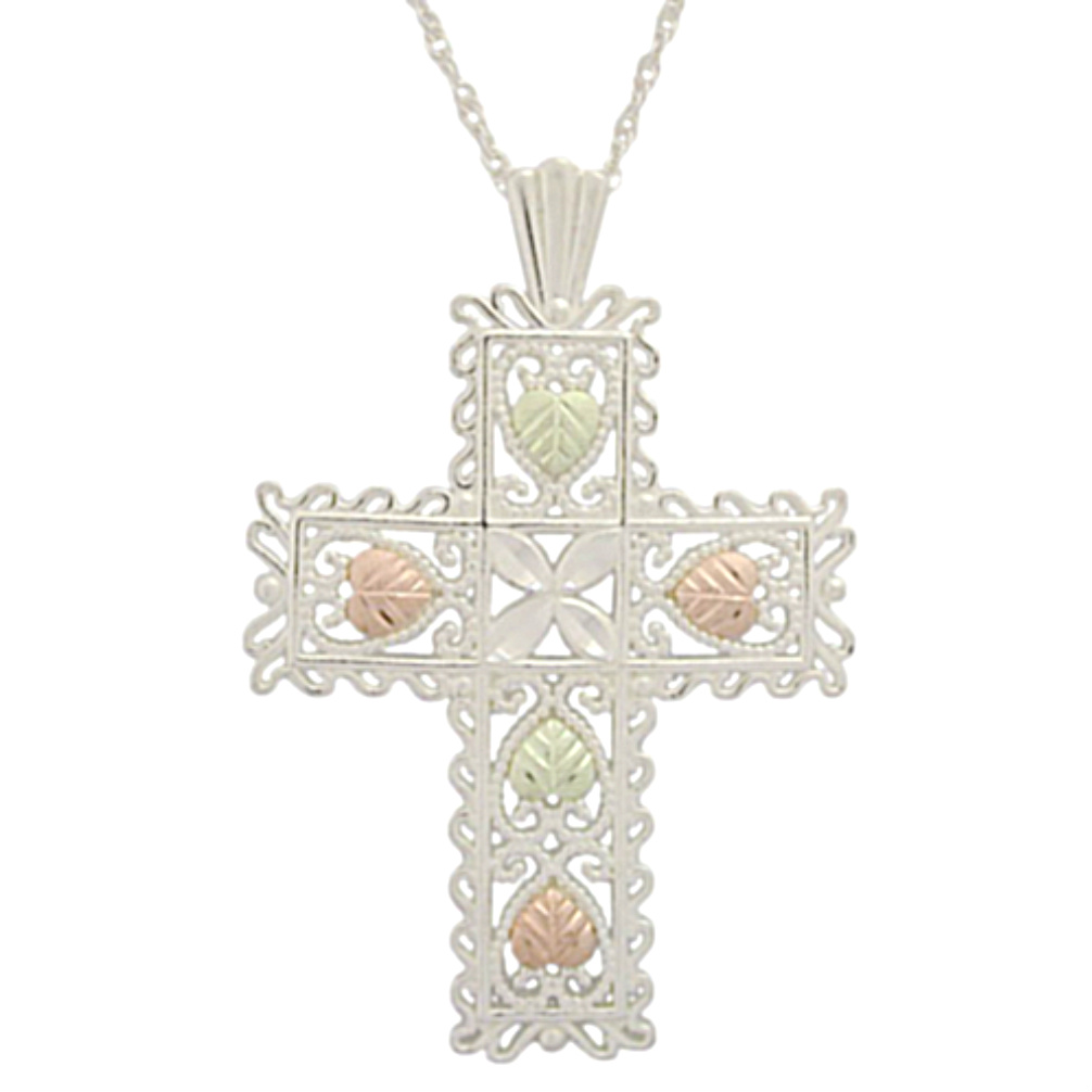 Heart Cross Filigree Pendant Necklace, Sterling Silver, 12k Green and Rose Gold Black Hills Gold Motif