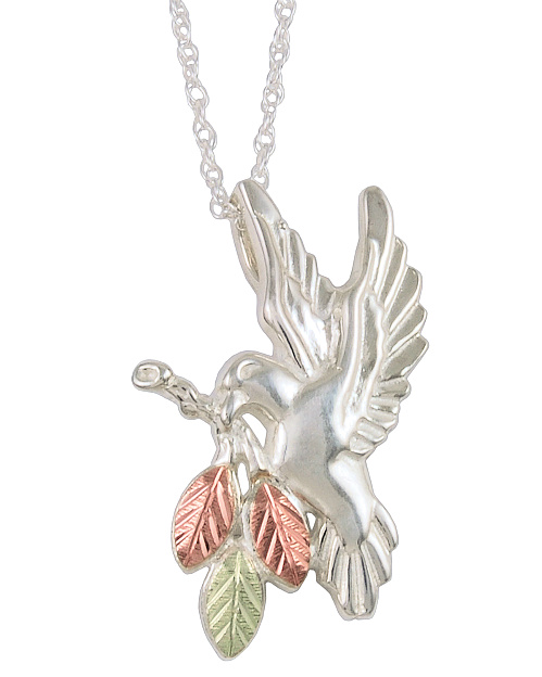 Hummingbird Pendant Necklace, Sterling Silver, 12k Green and Rose Gold Black Hills Gold Motif