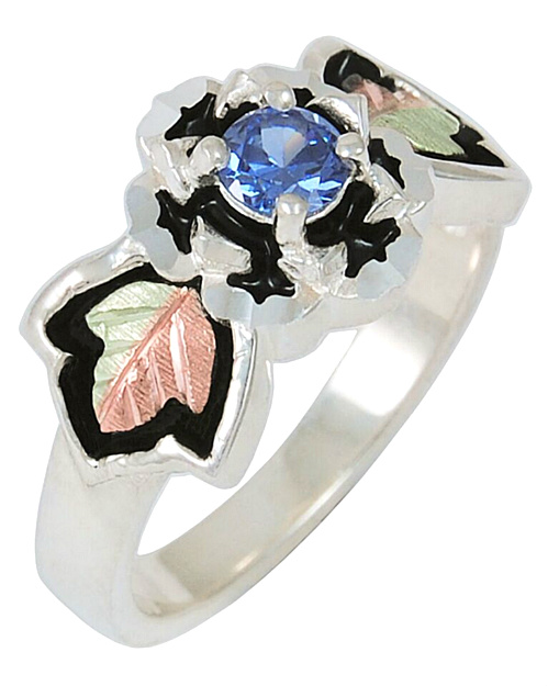 Indigo CZ Antiqued Ring, Sterling Silver, 12k Green and Rose Gold Black Hills Gold Motif