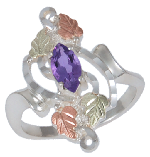 Amethyst Marquise Ring, Sterling Silver, 12k Green and Rose Gold Black Hills Gold Motif