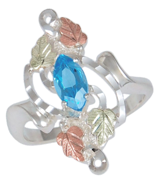 Blue Topaz Marquise Ring, Sterling Silver, 12k Green and Rose Gold Black Hills Gold Motif