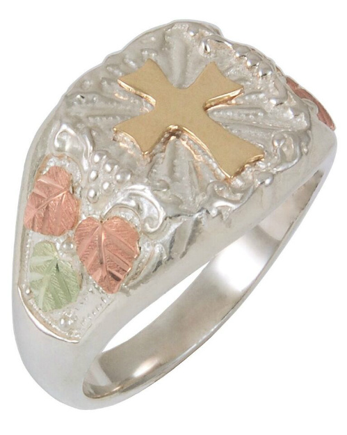 Men's Cross Ring, Sterling Silver, 10k Yellow Gold, 12k Green and Rose Gold Black Hills Gold Motif